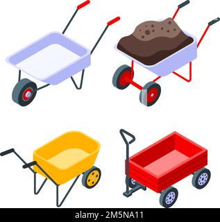 Wheelbarrow icons set. Isometric set of wheelbarrow vector icons for web design isolated on white background Stock Vector