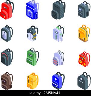 Backpack icons set. Isometric set of backpack vector icons for web design isolated on white background Stock Vector