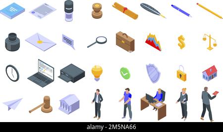 Notary icons set. Isometric set of notary vector icons for web design isolated on white background Stock Vector