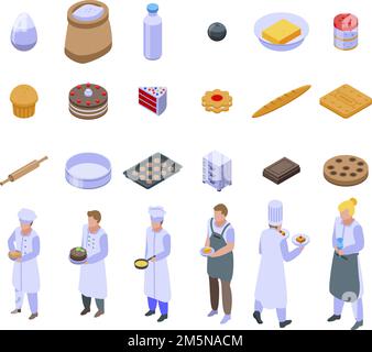 Bakery factory icons set. Isometric set of bakery factory vector icons ...