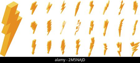 Lightning bolt icons set. Isometric set of lightning bolt vector icons for web design isolated on white background Stock Vector