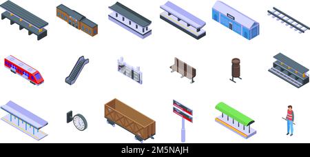 Railway platform icons set. Isometric set of railway platform vector icons for web design isolated on white background Stock Vector