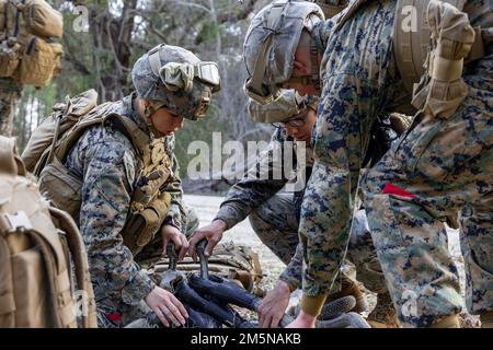 U.S. Marines with Combat Logistics Battalion (CLB) 22, Combat Logistics Regiment 27, 2nd Marine Logistics Group, prepares slings for the rigging of a JLTV for a Tactical Recovery of Aircraft and Personnel (TRAP) mission on Camp Lejeune, North Carolina, March 29, 2022. CLB-22 conducted a battalion field exercise from March 28 through April 1 in order to exercise the battalion’s full range of combat service support in an expeditionary environment. Stock Photo