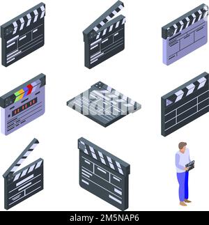 Clapper icons set. Isometric set of clapper vector icons for web design isolated on white background Stock Vector