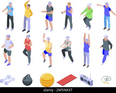 Workout seniors icons set. Isometric set of workout seniors vector icons for web design isolated on white background Stock Vector