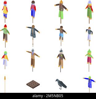 Scarecrow icons set. Isometric set of scarecrow vector icons for web design isolated on white background Stock Vector