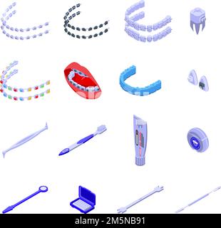 Tooth braces icons set. Isometric set of tooth braces vector icons for web design isolated on white background Stock Vector