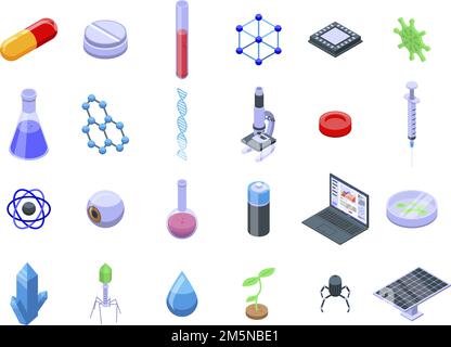 Nanotechnology icons set. Isometric set of nanotechnology vector icons for web design isolated on white background Stock Vector