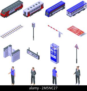 Electric train driver icons set. Isometric set of electric train driver vector icons for web design isolated on white background Stock Vector