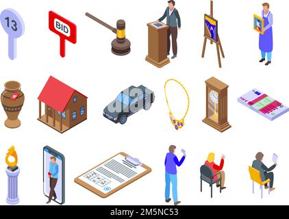 Auction icons set. Isometric set of auction vector icons for web design isolated on white background Stock Vector
