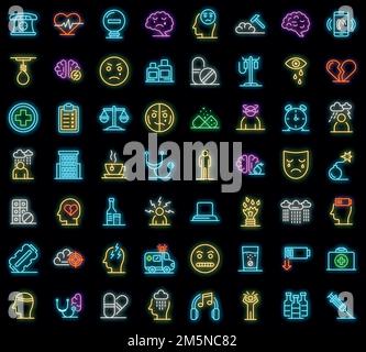 Depression icons set. Outline set of depression vector icons neon color on black Stock Vector