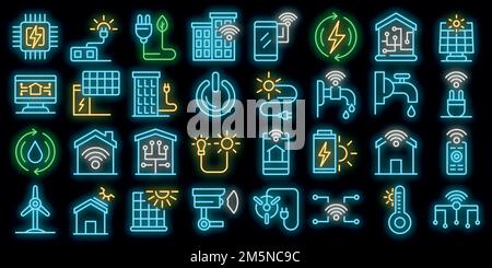 Autonomous house icons set. Outline set of autonomous house vector icons neon color on black Stock Vector