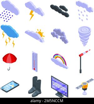 Cloudy weather icons set. Isometric set of cloudy weather vector icons for web design isolated on white background Stock Vector