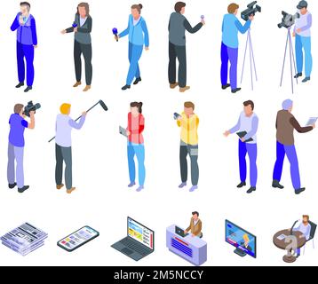 Reportage icons set. Isometric set of reportage vector icons for web design isolated on white background Stock Vector