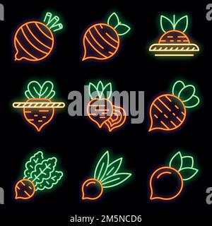 Beet icons set. Outline set of beet vector icons neon color on black Stock Vector