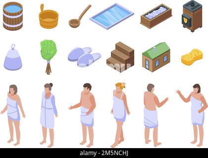 Sauna icons set. Isometric set of sauna vector icons for web design isolated on white background Stock Vector