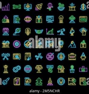 Startup icons set. Outline set of startup vector icons neon color on black Stock Vector
