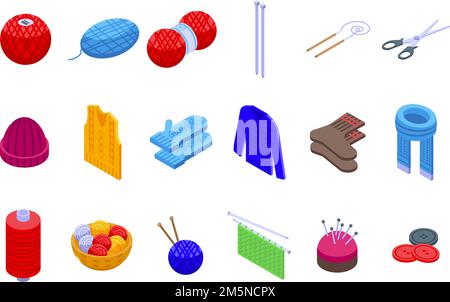 Knitting icons set. Isometric set of knitting vector icons for web design isolated on white background Stock Vector