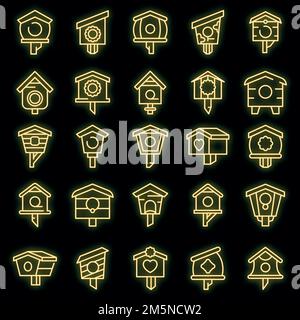 Bird house icons set. Outline set of bird house vector icons neoncolor on black Stock Vector