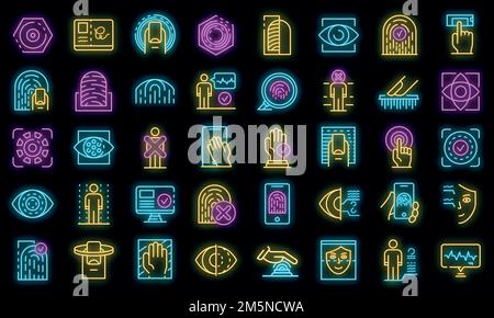 Biometric authentication icons set. Outline set of biometric authentication vector icons neoncolor on black Stock Vector