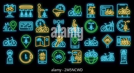 Rent a bike icons set. Outline set of rent a bike vector icons neon color on black Stock Vector