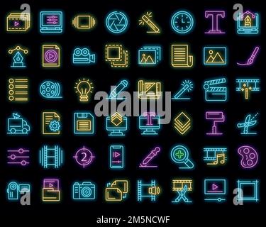 Editor icons set. Outline set of editor vector icons neon color on black Stock Vector