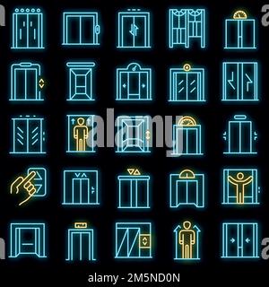 Elevator icons set. Outline set of elevator vector icons neoncolor on black Stock Vector