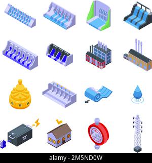 Hydro power icons set. Isometric set of hydro power vector icons for web design isolated on white background Stock Vector