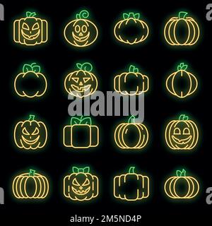Pumpkin icons set. Outline set of pumpkin vector icons neon color on black Stock Vector