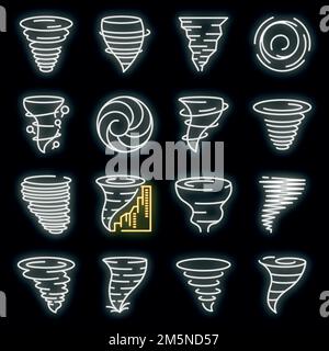 Tornado icons set. Outline set of tornado vector icons neon color on black Stock Vector