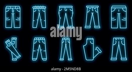 Jeans icons set. Outline set of jeans vector icons neon color on black Stock Vector