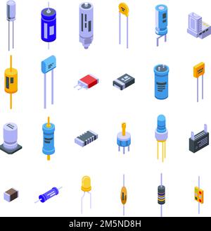 Capacitor icons set. Isometric set of capacitor vector icons for web design isolated on white background Stock Vector