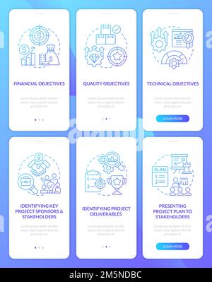 Project management processes blue gradient onboarding mobile app screens set Stock Vector