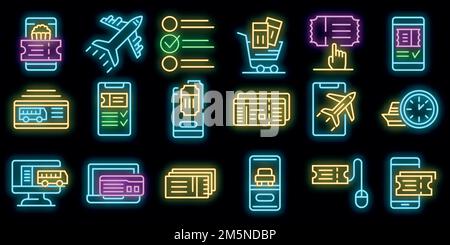 Online tickets booking icons set. Outline set of online tickets booking vector icons neon color on black Stock Vector