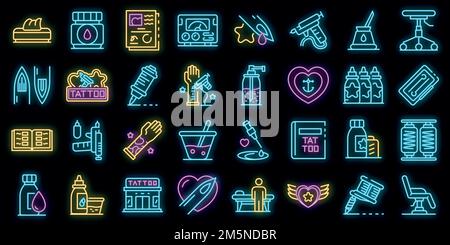 Tattoo studio icons set. Outline set of tattoo studio vector icons neon color on black Stock Vector