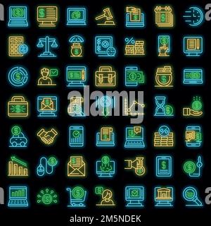 Online loan icons set. Outline set of online loan vector icons neon color on black Stock Vector