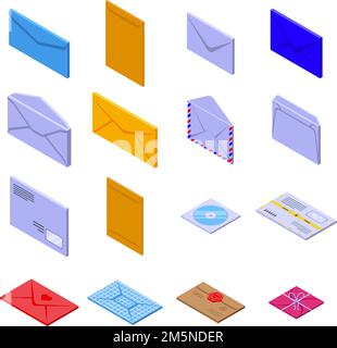 Envelope icons set. Isometric set of envelope vector icons for web design isolated on white background Stock Vector