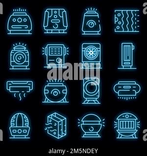 Air purifier icons set. Outline set of air purifier vector icons neon color on black Stock Vector