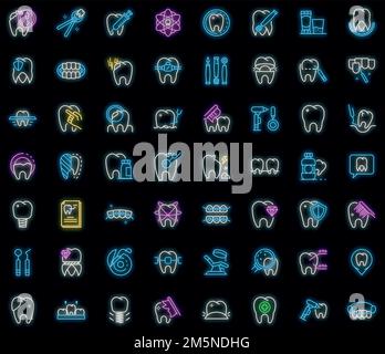 Tooth restoration icons set. Outline set of tooth restoration vector icons neon color on black Stock Vector