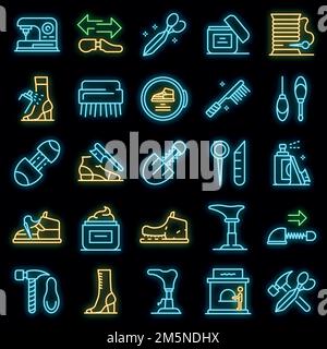 Shoe repair icons set. Outline set of shoe repair vector icons neon color on black Stock Vector
