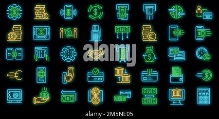 Money transfer icons set. Outline set of Money transfer vector icons neoncolor on black Stock Vector