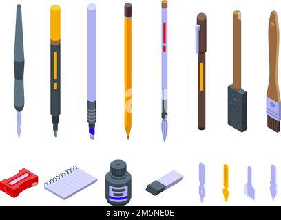 Calligraphy tools icons set. Isometric set of calligraphy tools vector icons for web design isolated on white background Stock Vector