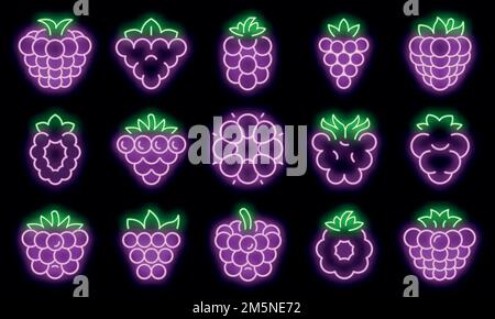 Blackberry icons set. Outline set of blackberry vector icons neon color on black Stock Vector