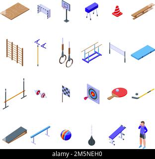 School gym icons set. Isometric set of school gym vector icons for web design isolated on white background Stock Vector