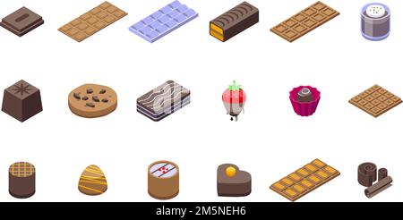 Chocolate icons set. Isometric set of chocolate vector icons for web design isolated on white background Stock Vector