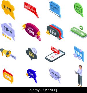Tips icons set. Isometric set of tips vector icons for web design isolated on white background Stock Vector