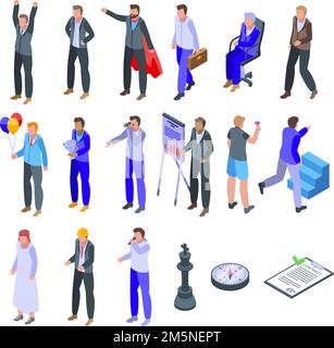 Successful businessman icons set. Isometric set of successful businessman vector icons for web design isolated on white background Stock Vector