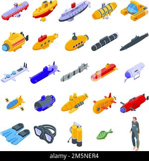 Bathyscaphe icons set. Isometric set of bathyscaphe vector icons for web design isolated on white background Stock Vector