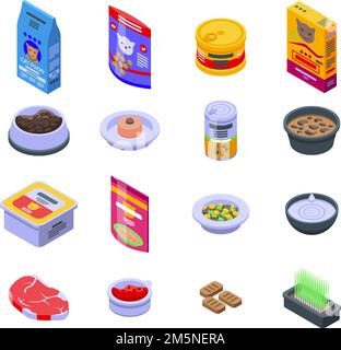 Cat food icons set. Isometric set of cat food vector icons for web design isolated on white background Stock Vector