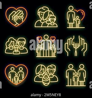 Foster family icons set. Outline set of foster family vector icons neon color on black Stock Vector
